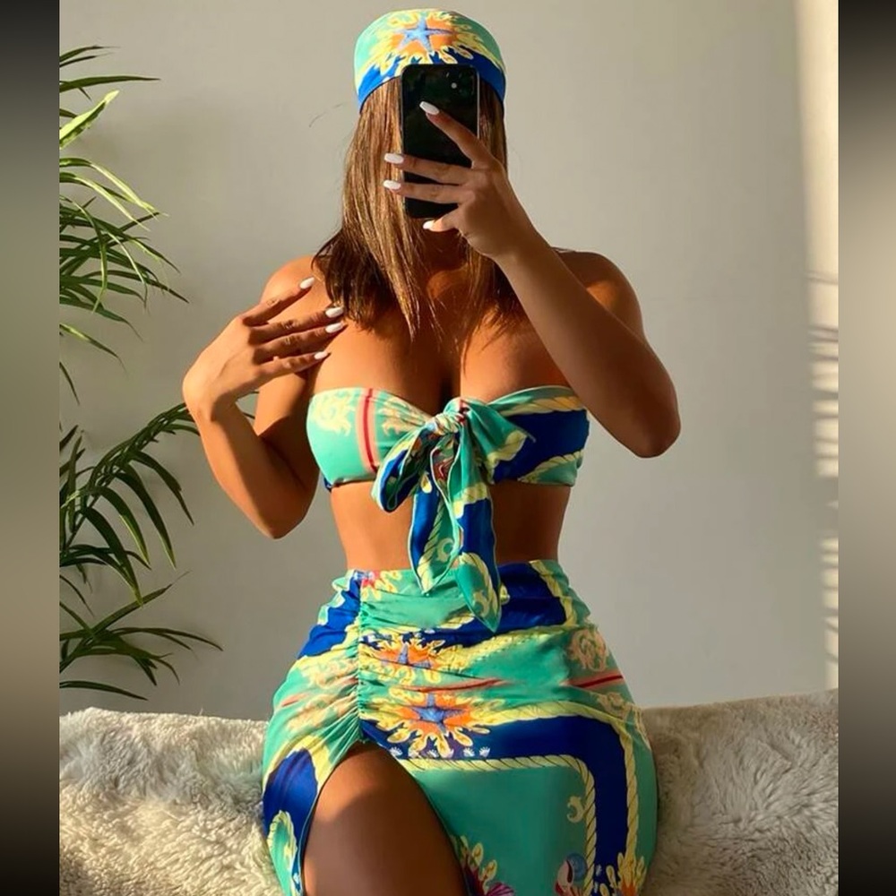 4pack Floral Print Knot Front Bikini Swimsuit & Beach Skirt